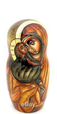 ICON Nesting Dolls Russian Orthodox Our Lady Virgin of Don Baby Jesus 7 signed