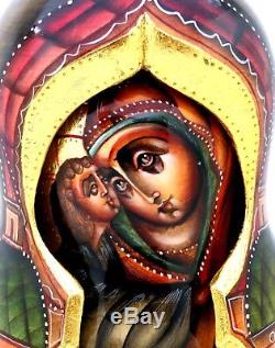 ICON Nesting Dolls Russian Orthodox Our Lady Virgin of Don Baby Jesus 7 signed