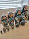Incredible Vintage 10 Piece! Wooden Russian Matryoshka Stacking Doll Set. Signed
