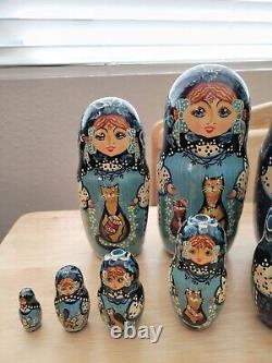 Incredible Vintage 10 PIECE! Wooden Russian Matryoshka Stacking Doll Set. Signed