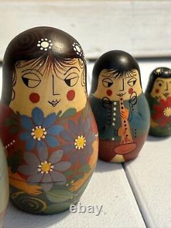 Japanese Unique Wood Nesting Dolls Samurai Hand Painted 7 Pce Signed