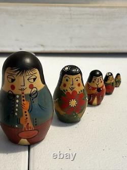 Japanese Unique Wood Nesting Dolls Samurai Hand Painted 7 Pce Signed