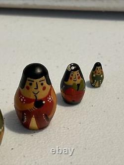 Japanese Unique Wood Nesting Dolls Samurai Hand Painted 7 Pce Signed