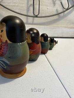 Japanese Unique Wood Nesting Dolls Samurai Hand Painted 7 Pce Signed