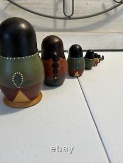 Japanese Unique Wood Nesting Dolls Samurai Hand Painted 7 Pce Signed