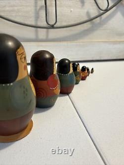 Japanese Unique Wood Nesting Dolls Samurai Hand Painted 7 Pce Signed