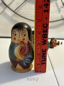 Japanese Unique Wood Nesting Dolls Samurai Hand Painted 7 Pce Signed