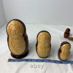 Jesus Birch Wood Hand Carved Religious Icons VTG Russian 5 Nesting Dolls Signed