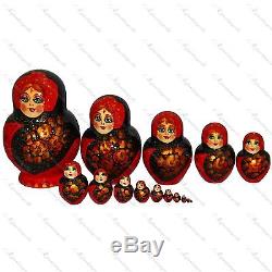 Khokhloma traditional russian doll Handpainted 15pc Art matryoshka babushka doll