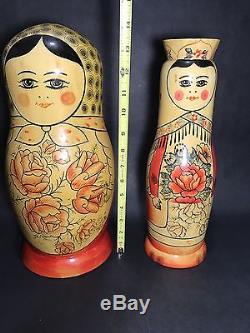 Large Authentic Russian Matryoshka Nesting Dolls 16 Pieces Bonus Bottle Holder