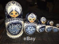 Large Russian Matryoshka Nesting Dolls 10 Piece Set Blue Artist Signed