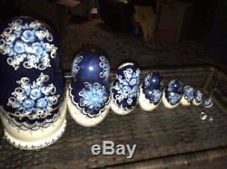Large Russian Matryoshka Nesting Dolls 10 Piece Set Blue Artist Signed