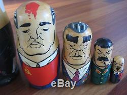 Large Soviet Russian Nesting Doll 5 Piece Matryoshka 1990 Gorbachev Stalin Lenin