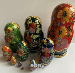 Large Vintage 10 SIGNED Hand Painted Wood Russian Nesting Dolls Matryoshka