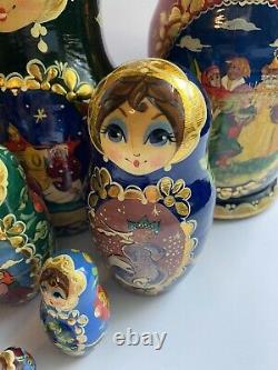 Large Vintage 10 SIGNED Hand Painted Wood Russian Nesting Dolls Matryoshka