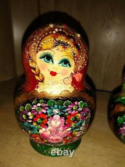 Large Vintage 8 signed Hand Painted Wood Russian Nesting Dolls