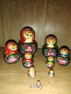 Large Vintage 8 signed Hand Painted Wood Russian Nesting Dolls