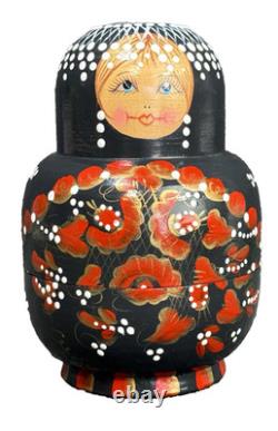 MATRYOSHKA Nesting Dolls Wood Black w Red & Gold Flowers 12 Pieces