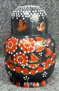 MATRYOSHKA Nesting Dolls Wood Black w Red & Gold Flowers 12 Pieces