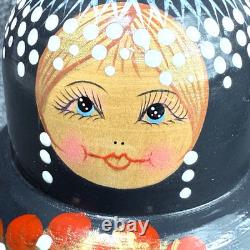 MATRYOSHKA Nesting Dolls Wood Black w Red & Gold Flowers 12 Pieces