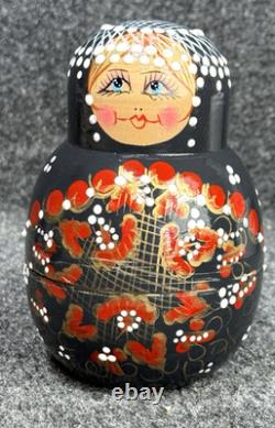 MATRYOSHKA Nesting Dolls Wood Black w Red & Gold Flowers 12 Pieces
