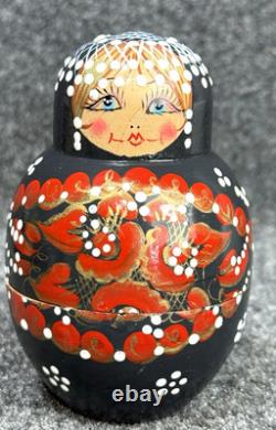 MATRYOSHKA Nesting Dolls Wood Black w Red & Gold Flowers 12 Pieces