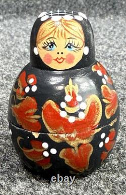 MATRYOSHKA Nesting Dolls Wood Black w Red & Gold Flowers 12 Pieces