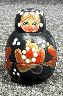 MATRYOSHKA Nesting Dolls Wood Black w Red & Gold Flowers 12 Pieces