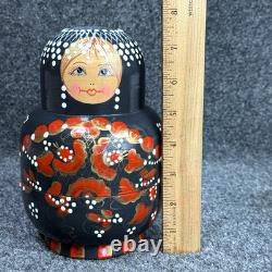 MATRYOSHKA Nesting Dolls Wood Black w Red & Gold Flowers 12 Pieces