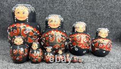 MATRYOSHKA Nesting Dolls Wood Black w Red & Gold Flowers 12 Pieces