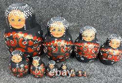 MATRYOSHKA Nesting Dolls Wood Black w Red & Gold Flowers 12 Pieces