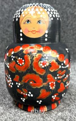 MATRYOSHKA Nesting Dolls Wood Black w Red & Gold Flowers 12 Pieces
