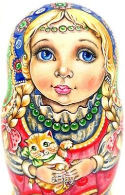 MATRYOSHKA Russian Nesting Dolls SMAL CHMELEVA 5 exclusive ART CUTE KITTEN