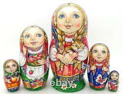 MATRYOSHKA Russian nesting dolls ORIGINAL CHMELEVA 5 Cute Girls & Cat UNIQUE ART