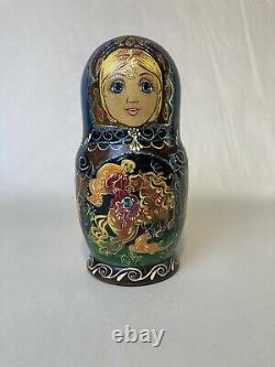 Made In Russia Large 7 Piece Nesting Dolls, Metallic Blue & Silver Trim 8
