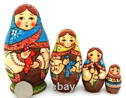Martryoshka nesting dolls Babushka & Handkerchiefs Russian Blue Green 4 RYABOVA