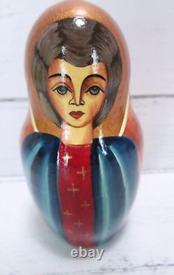 Mary Jesus Russian Matryoshka Nesting Dolls 10 Hand Painted Sign Religious Vtg