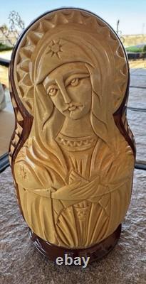 Mary Jesus Saints 5 Nesting Dolls Relief Carved USSR Artist Signed RARE Catholic