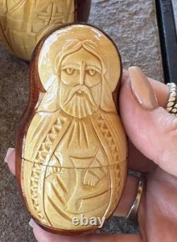 Mary Jesus Saints 5 Nesting Dolls Relief Carved USSR Artist Signed RARE Catholic