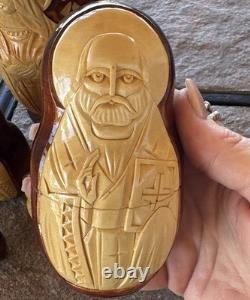 Mary Jesus Saints 5 Nesting Dolls Relief Carved USSR Artist Signed RARE Catholic
