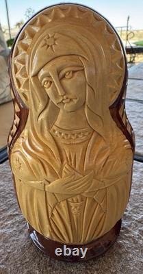 Mary Jesus Saints 5 Nesting Dolls Relief Carved USSR Artist Signed RARE Catholic