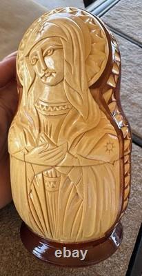 Mary Jesus Saints 5 Nesting Dolls Relief Carved USSR Artist Signed RARE Catholic