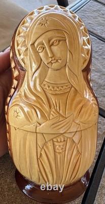 Mary Jesus Saints 5 Nesting Dolls Relief Carved USSR Artist Signed RARE Catholic