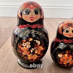 Matrioshka Tall Nesting Doll 9 PCs Set Girl & Flowers 5.25 Artist Signed Vtg