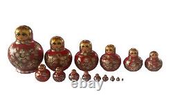 Matryoshka 15 pc Nesting Dolls Wood Handmade Signed Russian Babushka Red