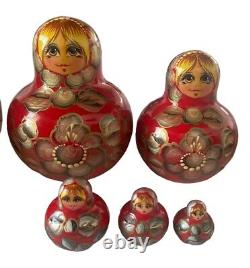 Matryoshka 15 pc Nesting Dolls Wood Handmade Signed Russian Babushka Red