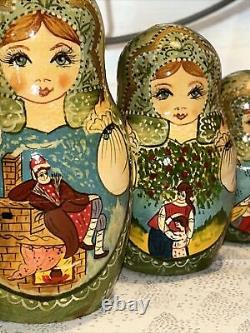 Matryoshka Christmas Fairytale Russian Handmade Nesting Doll- Signed 10 Pce