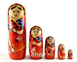 Matryoshka Dolls Set Indian Woman Style Hand Painted Wooden 5pcs Russian Dolls