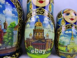 Matryoshka Nesting Doll 8.5 7 Pc, Moscow Monuments Blue Set Russian 974
