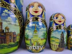 Matryoshka Nesting Doll 8.5 7 Pc, Moscow Monuments Blue Set Russian 974